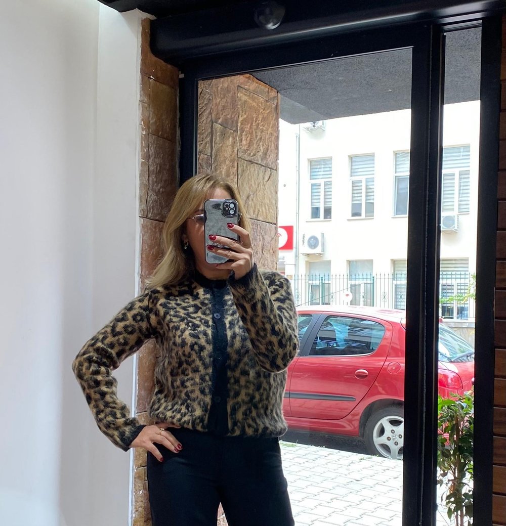 Leopar Desen Düğmeli Tiftik Hırka