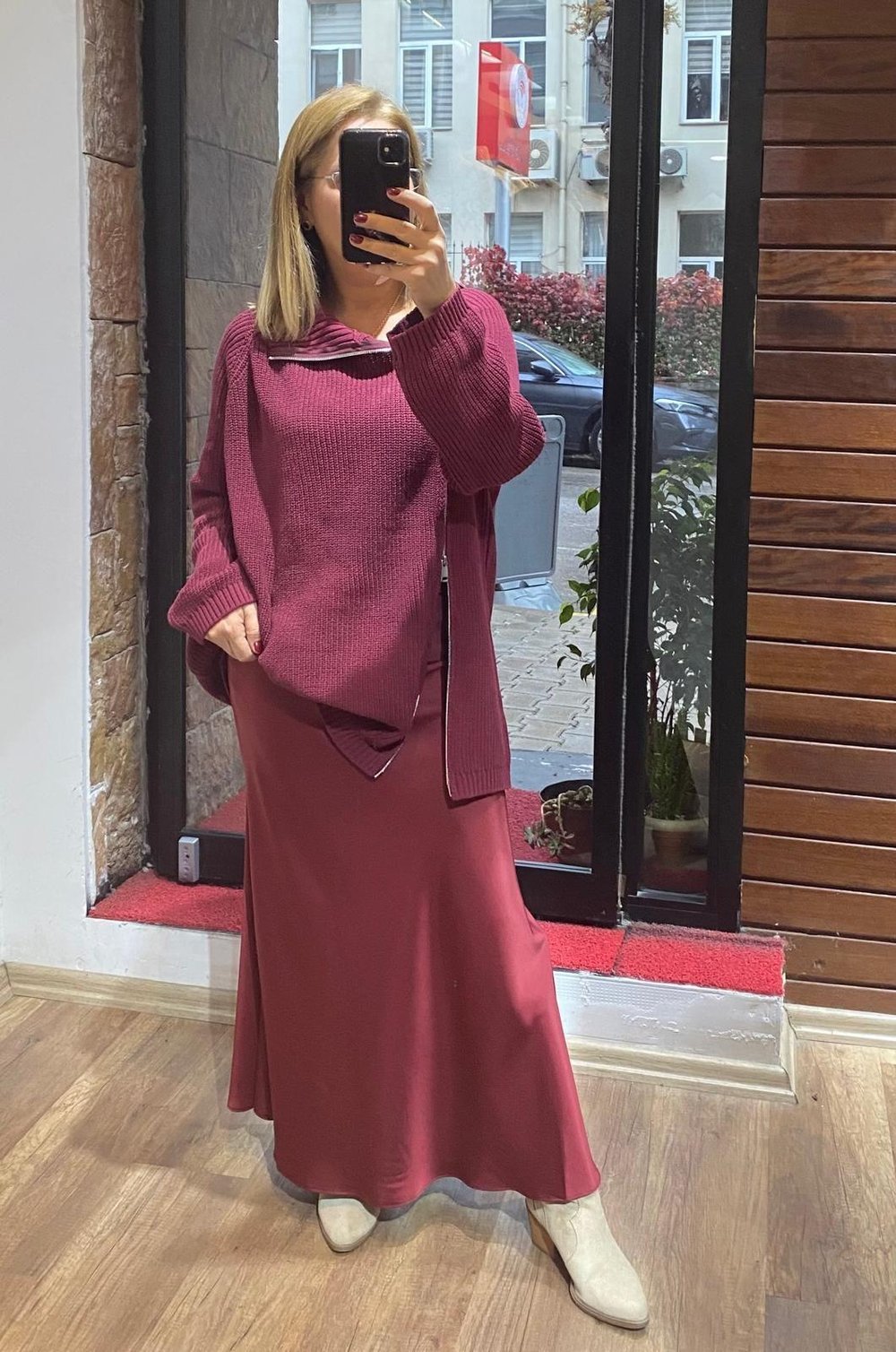 Maxi Saten Etek Bordo Yeni