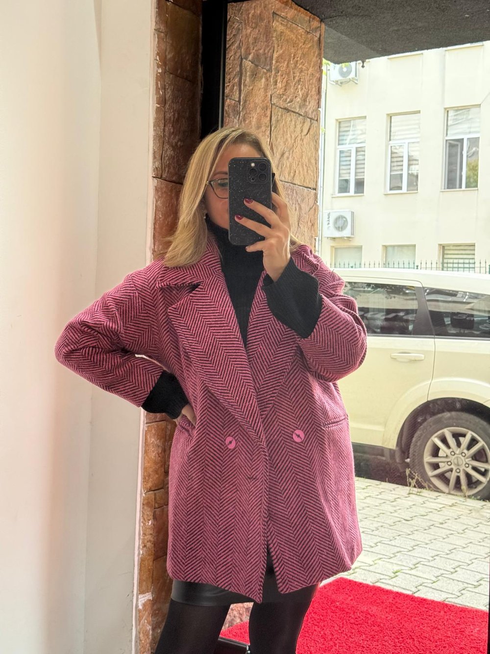 Oversize Balıksırtı Kısa Kaşe Kaban Fuşya Yeni