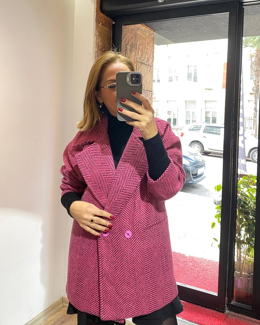 Oversize Balıksırtı Kısa Kaşe Kaban Fuşya Yeni