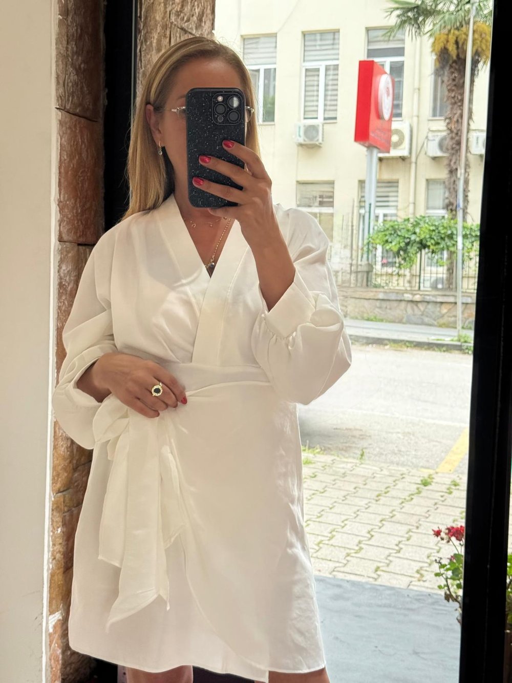 Tensel Kuşaklı Mini Elbise Beyaz