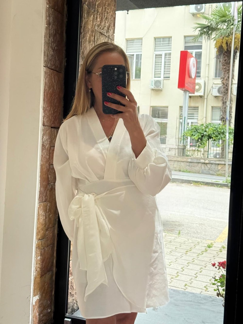 Tensel Kuşaklı Mini Elbise Beyaz