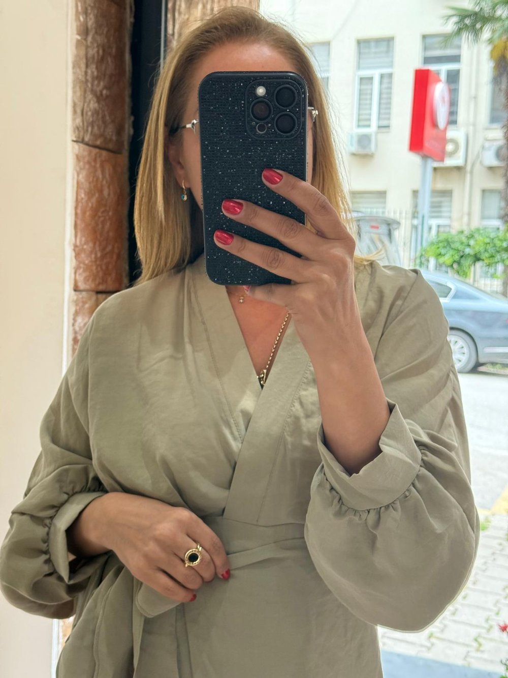 Tensel Kuşaklı Mini Elbise Haki 