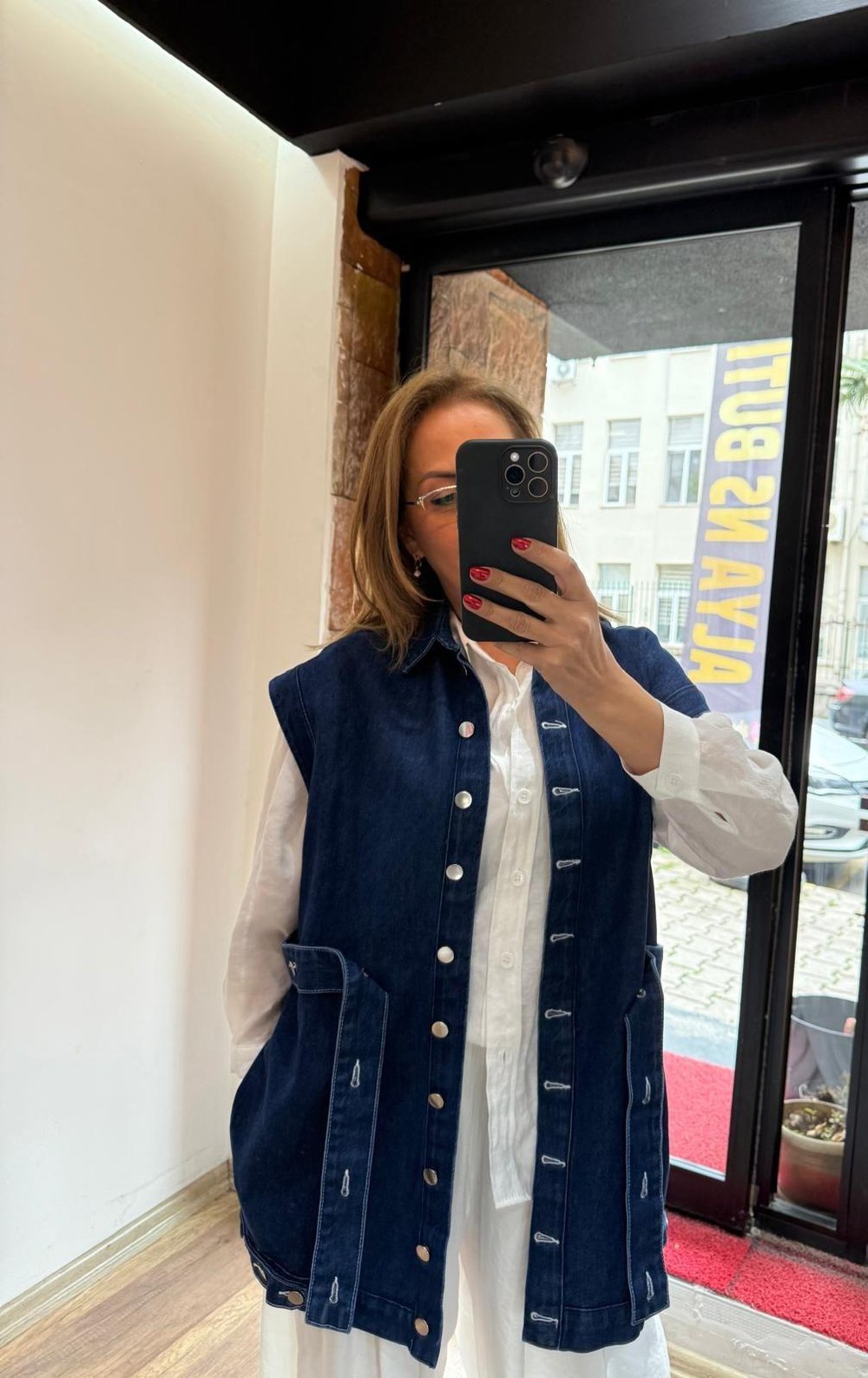Uzun Kuşaklı Jean Yelek Mavi Yeni