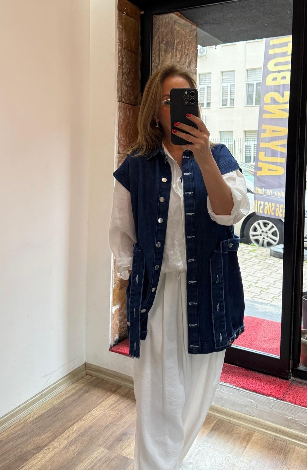 Uzun Kuşaklı Jean Yelek Mavi Yeni