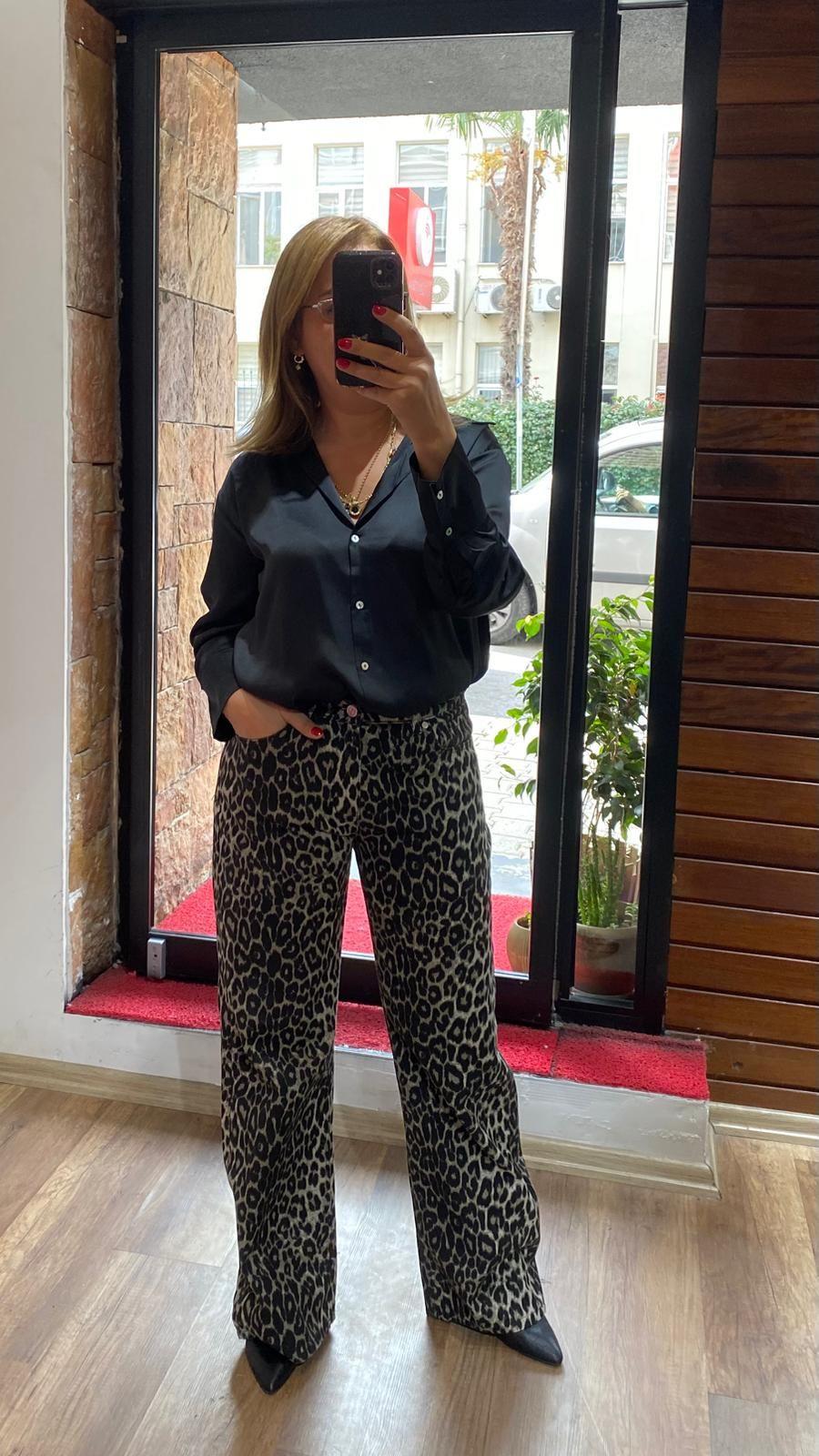 Yüksek Bel Leopar Straight Jean Pantolon