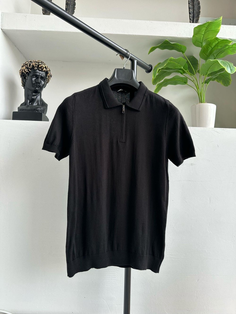 Fermuarlı Polo Yakalı Triko Tişört Siyah