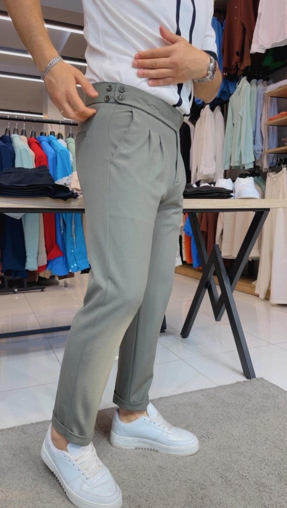 Yüksek Bel Kumaş Pantolon Çağla Yeşili