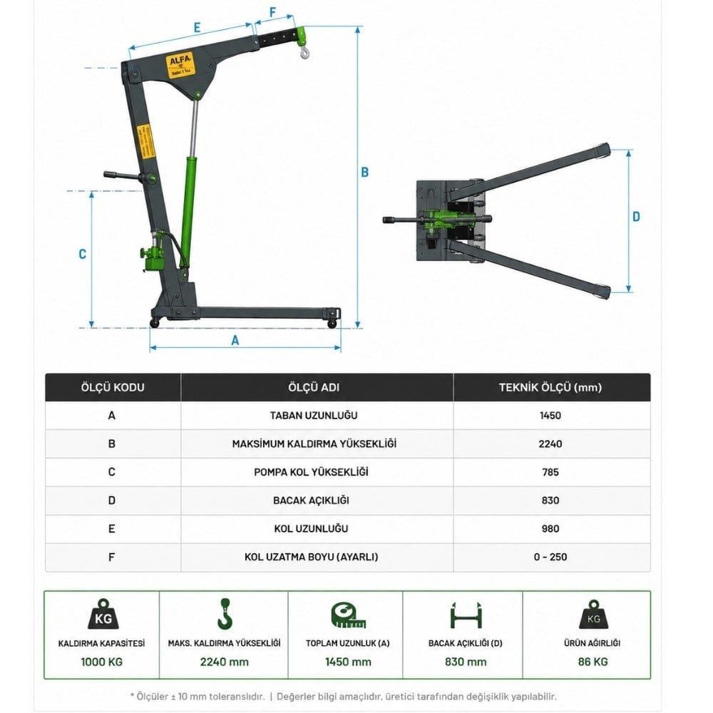 ALFA 1 Ton Katlanır Hidrolik Vinç - Motor Kaldırma Caraskalı