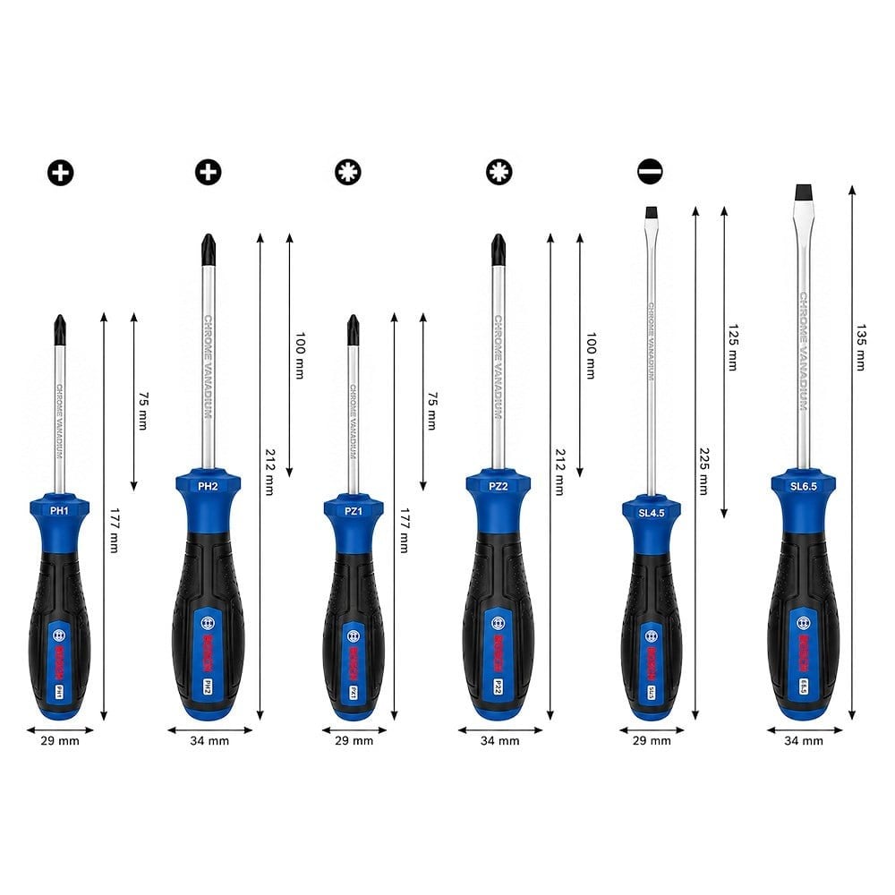 BOSCH Düz Ve Yıldız Uçlu Topaç Tornavida Takımı PH/PZ/SL 6 Parça
