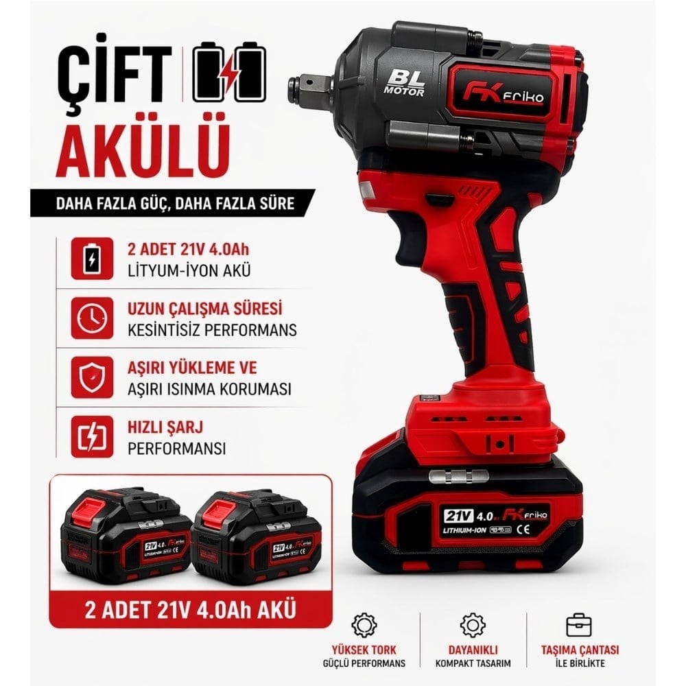 FRIKO 1/2 Akülü Somun Sıkma ve Sökme Makinesi Çift Akülü 21V 4 Ah 650 Nm