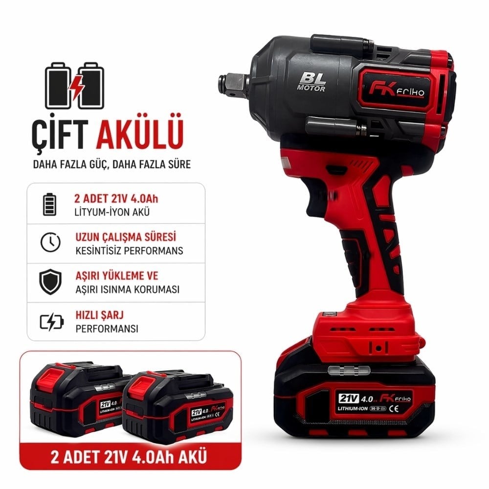 FRIKO 1/2 Akülü Somun Sıkma ve Sökme Makinesi Çift Akülü 21V 4 Ah 980 Nm