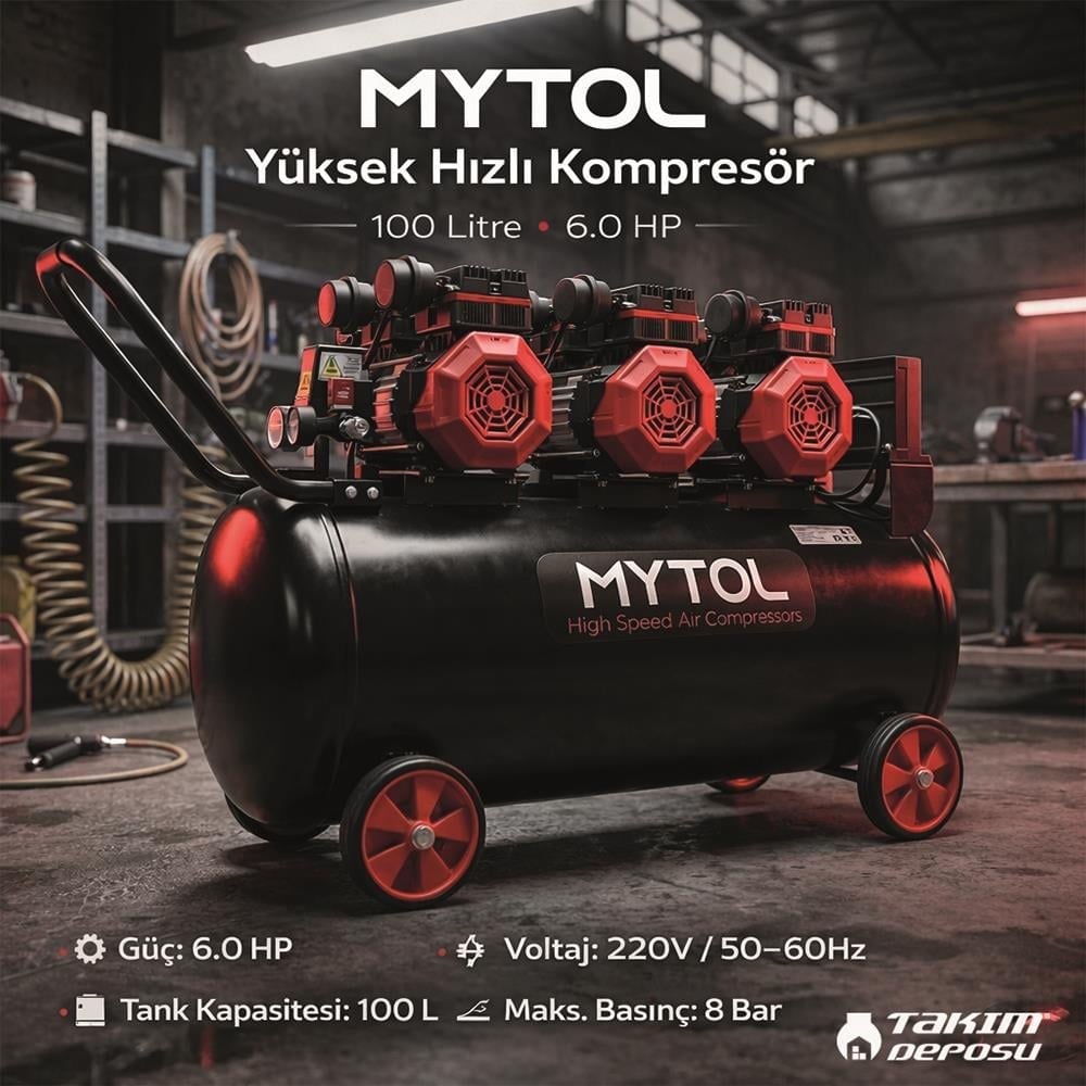 MYTOL 100 LT Hava Komprosörü Yüksek Hızlı 6 HP - MYK1002