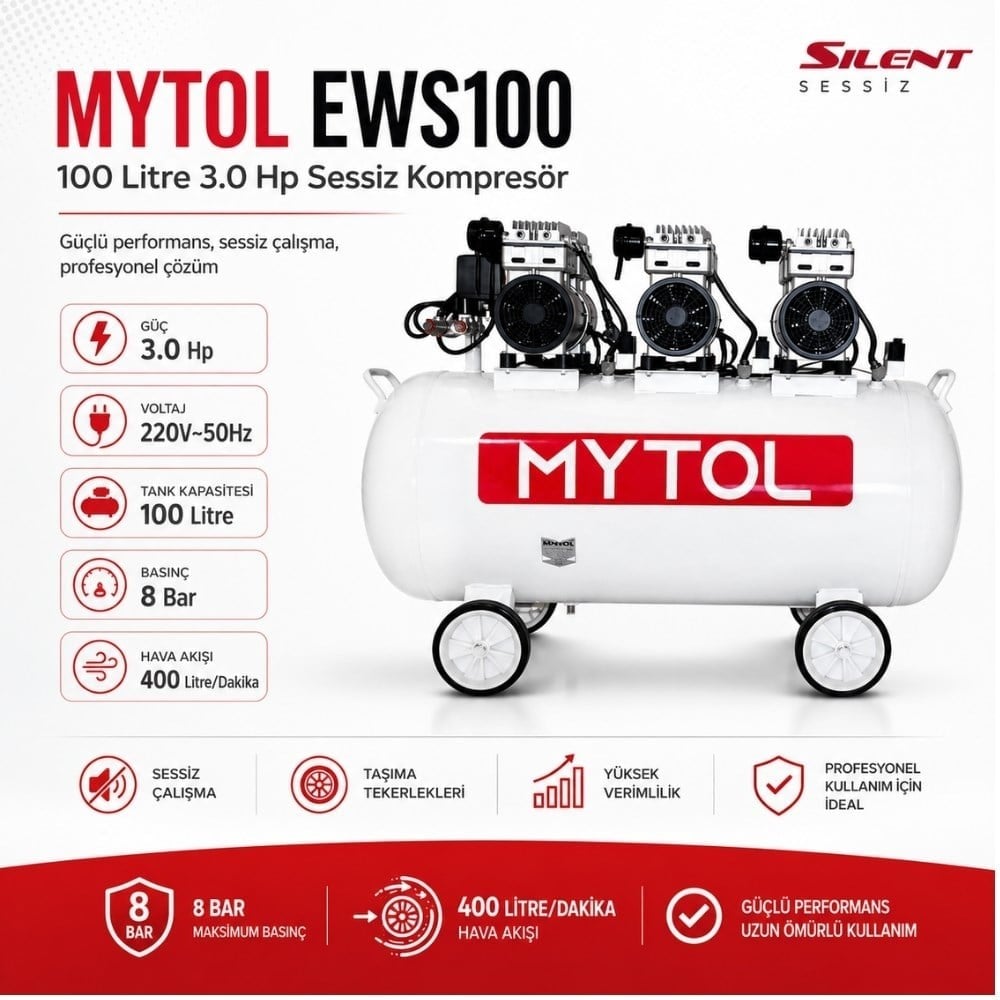 MYTOL 100 LT Sessiz Hava Kompresörü 3 Hp - MY14EWS100