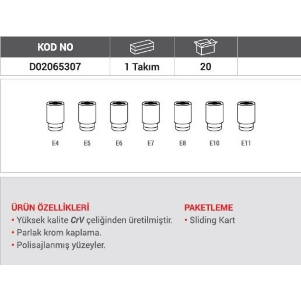 PRODHT D02065307 1/4 Star Torx Uçlu Lokma Takımı 7 Parça