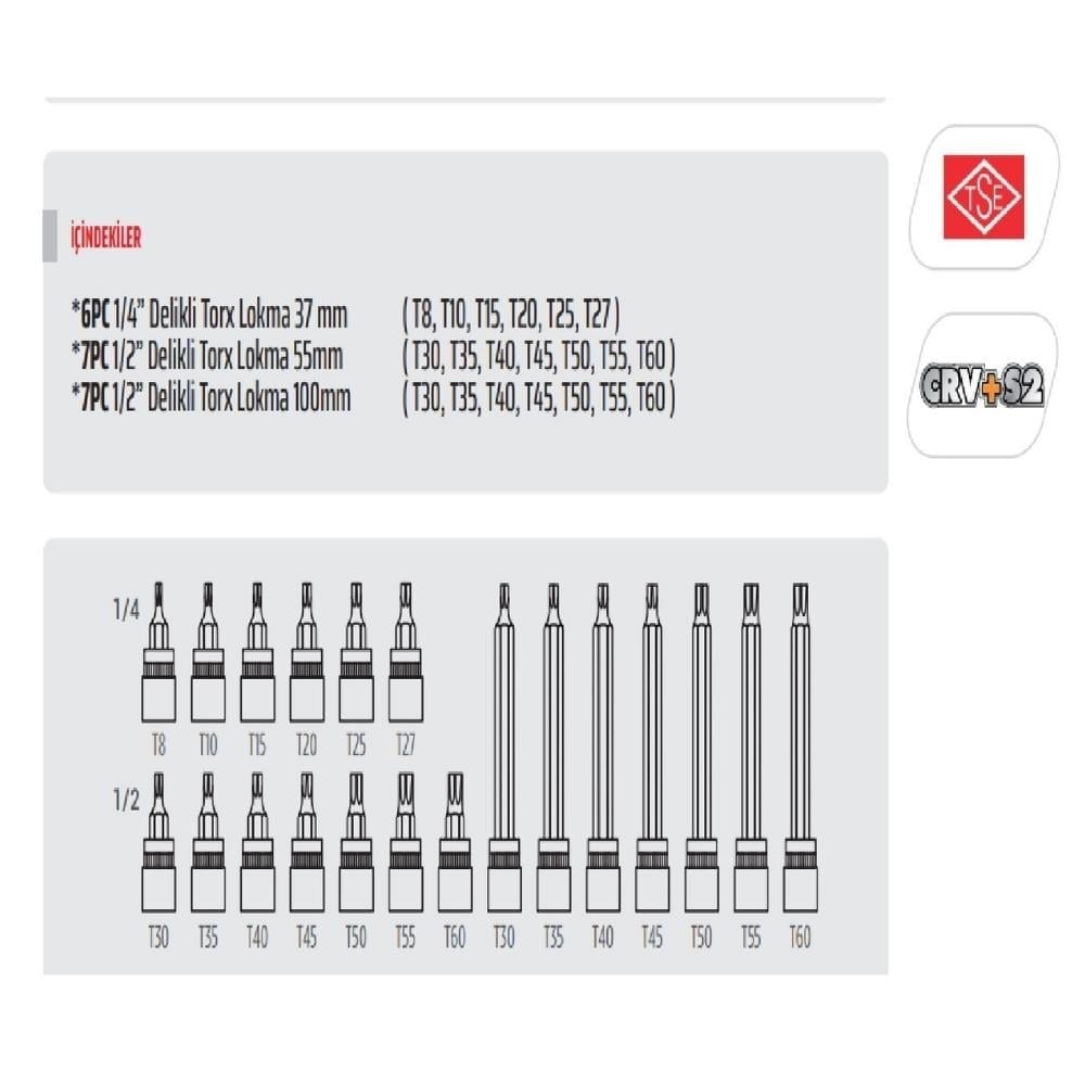 RICO 007-RC3029 007-RC3029 1/4 ve 1/2 Torx Uçlu Lokma Takımı Delikli 20 Parça