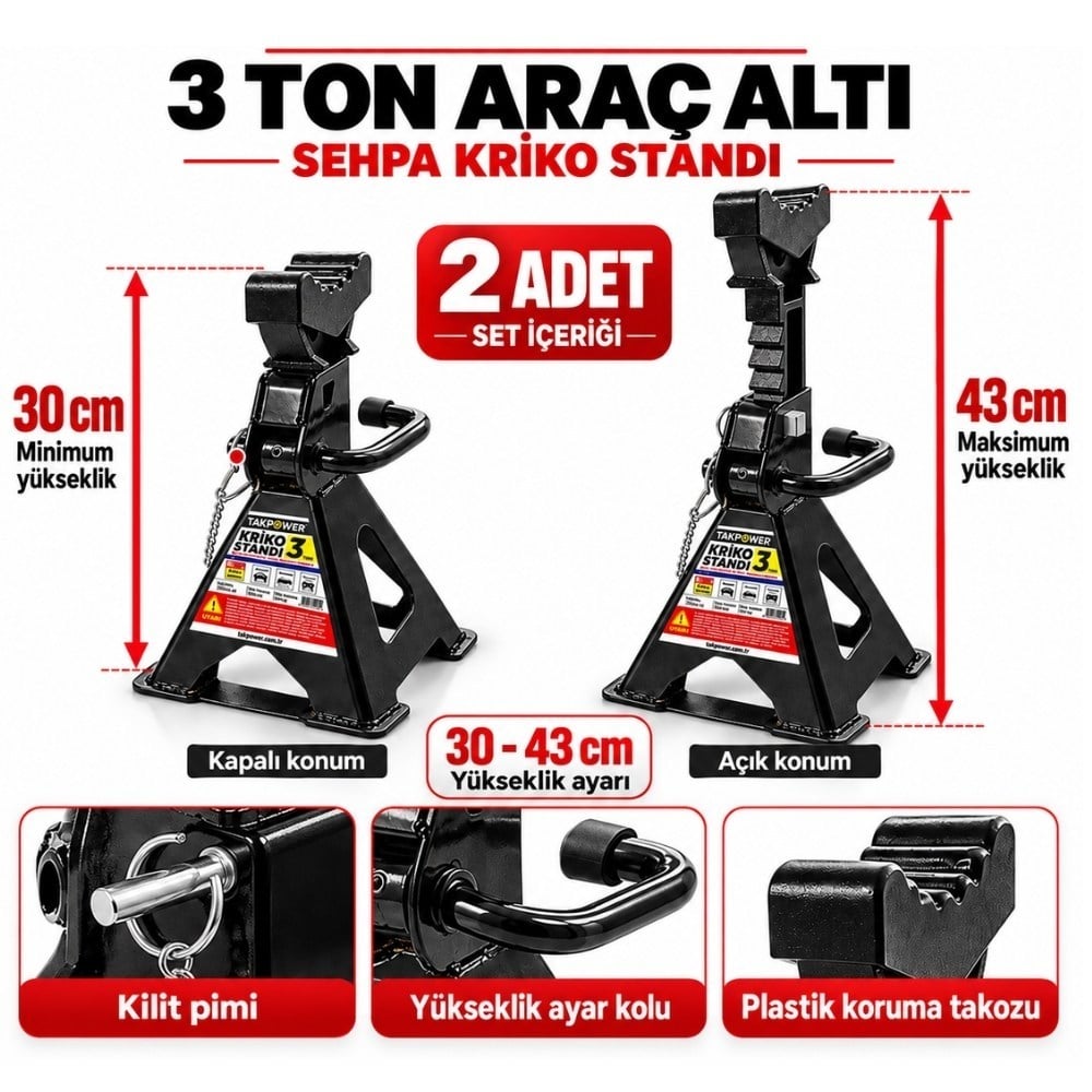 TAKPOWER 3 Ton Araç Altı Sehpa Kriko Standı 2 Adet