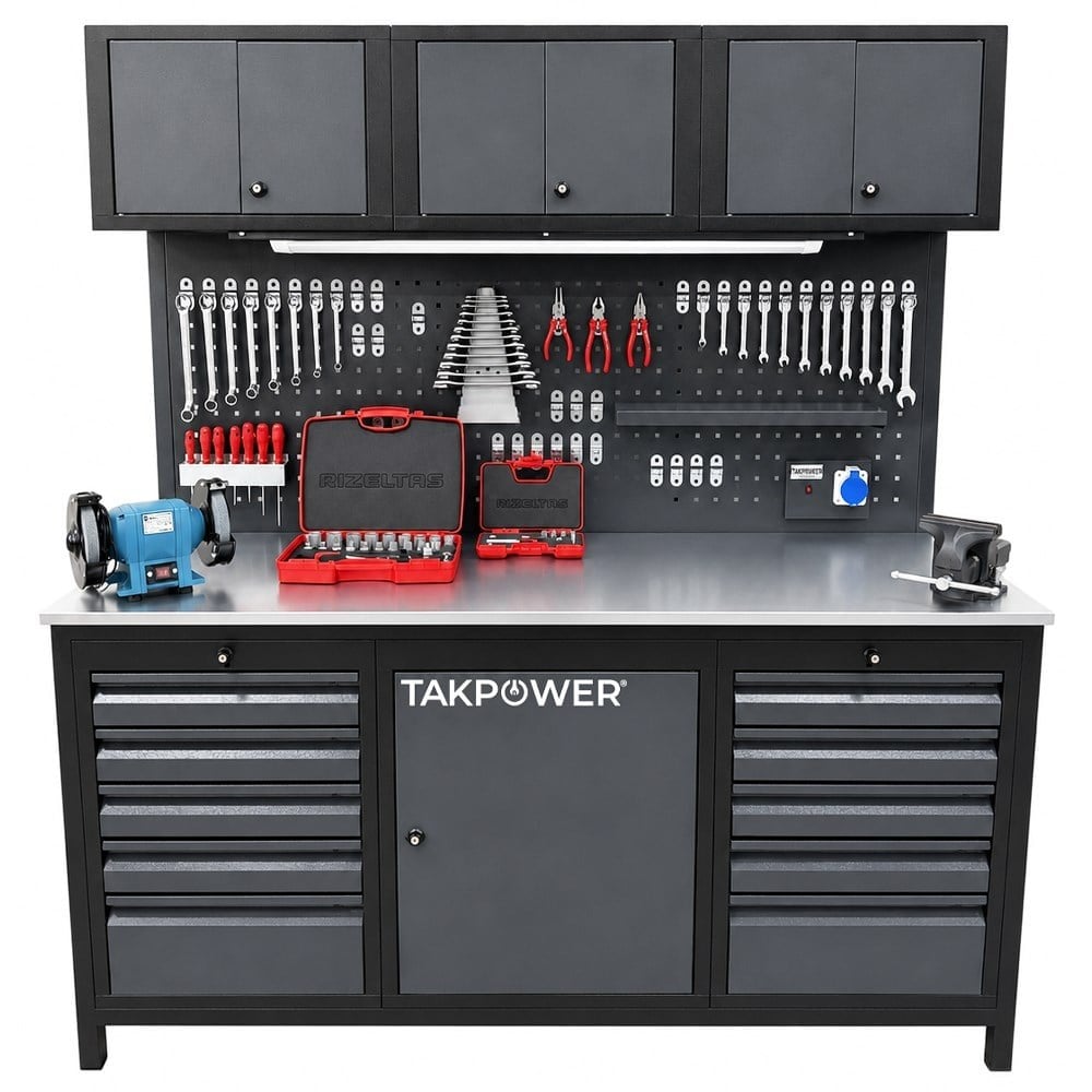 TAKPOWER2 Metre IZELTAS Dolu Takım Tezgahı 10 Çekmeceli Üsten Dolaplı Premium