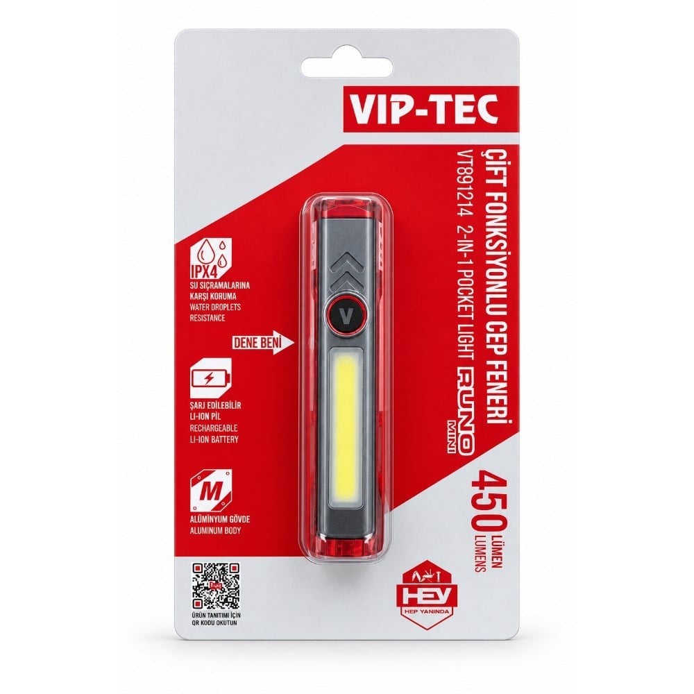 VIP-TEC VT891214 Runo Şarjlı Çift Fonksiyonlu Mini Cep Fener 450 Lümen
