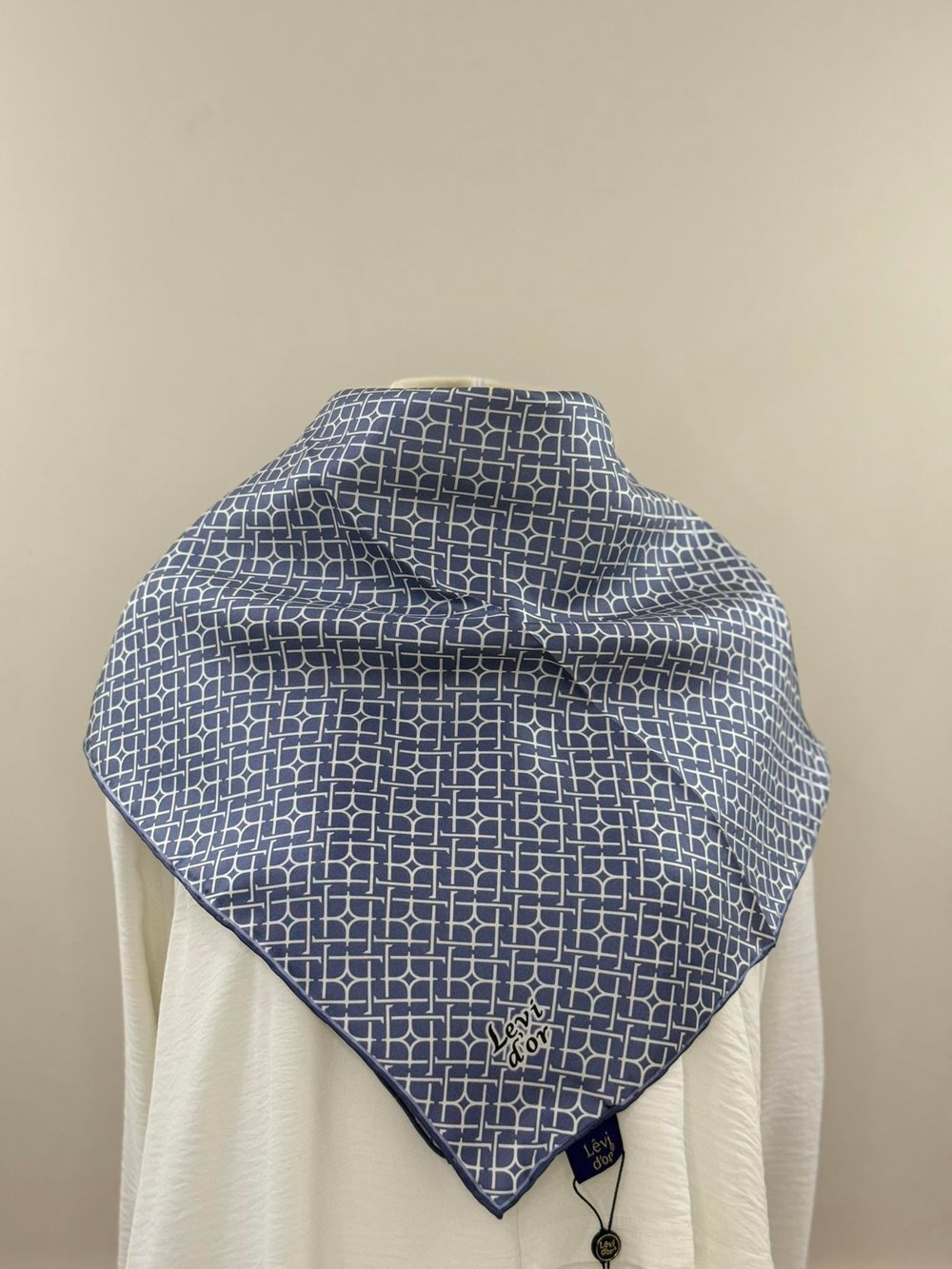 Levidor | İndigo Mavi Zen Geometri Twill İpek Eşarp