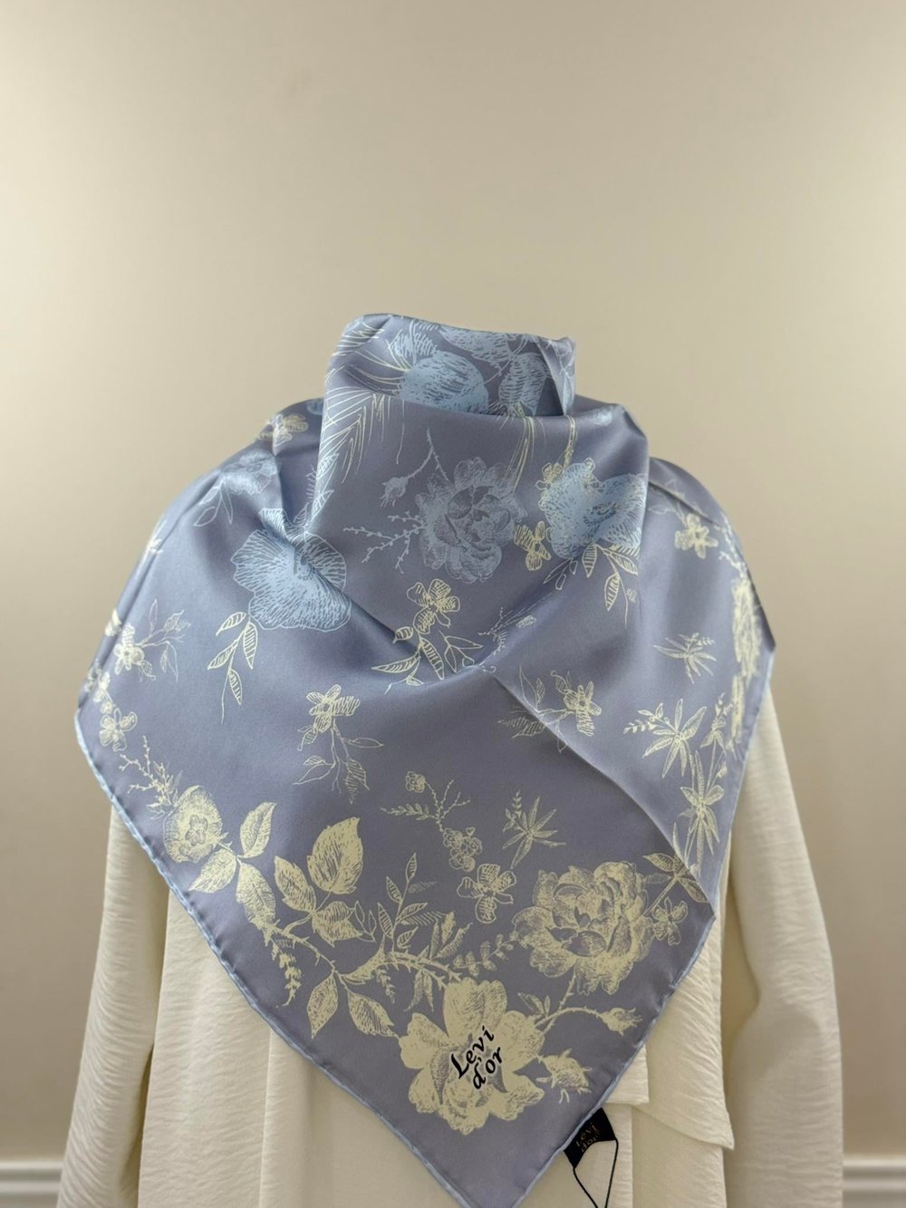 Levidor | Pastel Mavi Soyut Gül Desen Twill İpek Eşarp