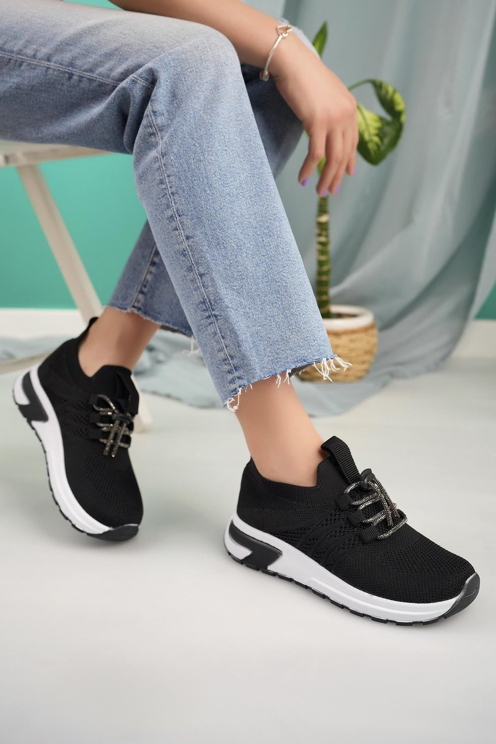 Kadın Nud Bağcıksız Taşlı Triko Kadın Sneaker