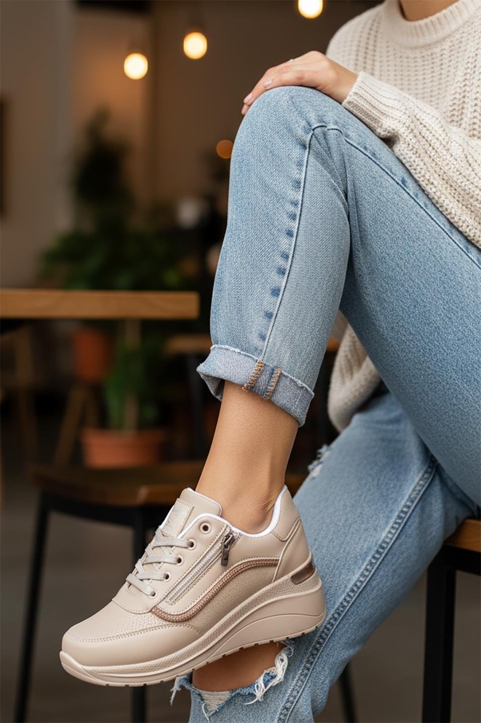 Kadın Taşlı Rahat Kalıp Kalın Topuklu Spor Ayakkabı Sneaker