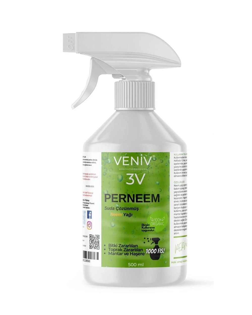 3V Perneem %100 Organik Böcek Kovucu - Beyaz Sinek, Trips, Unlu & Yeşil Bit