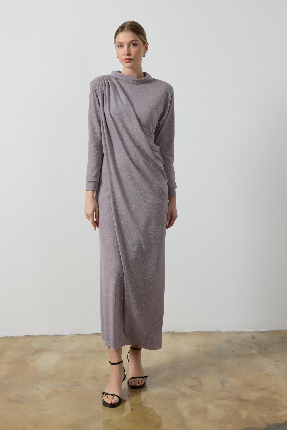 Gri Simli Drape Elbise