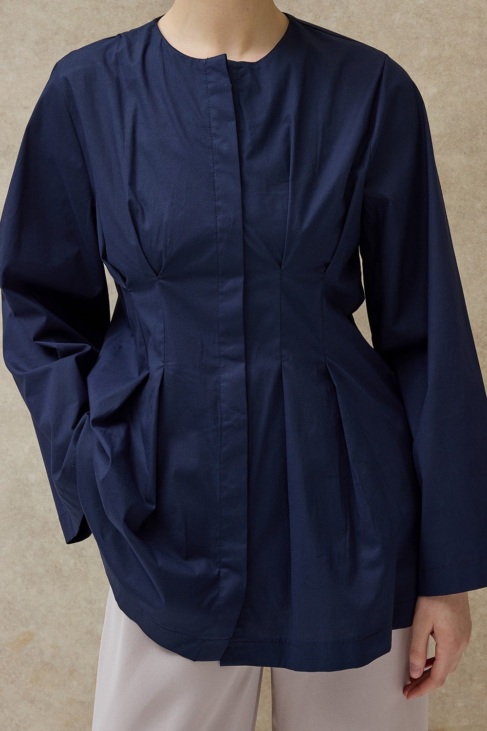 Lacivert Mirel Geniş Kol Pileli Gömlek 