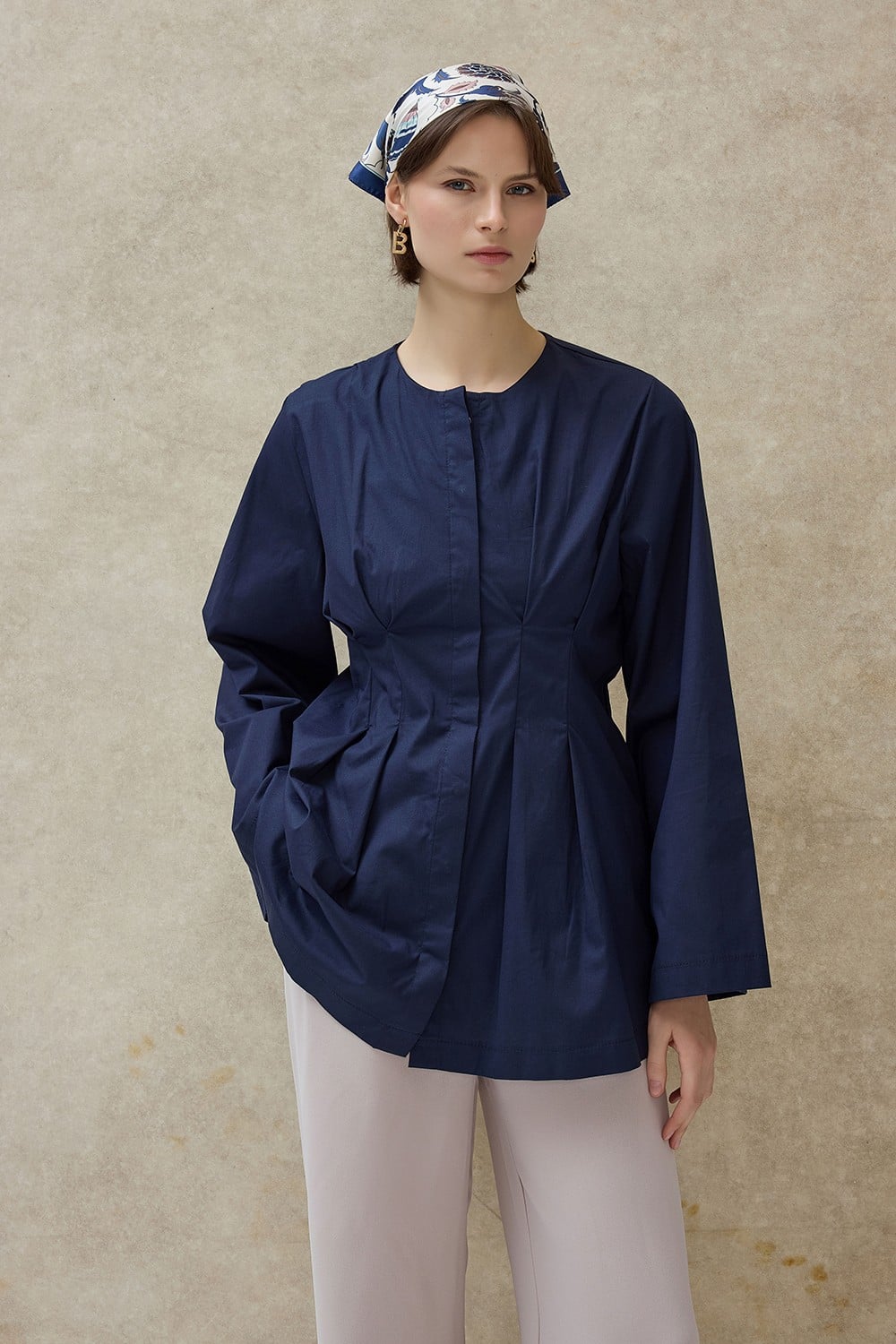 Lacivert Mirel Geniş Kol Pileli Gömlek 