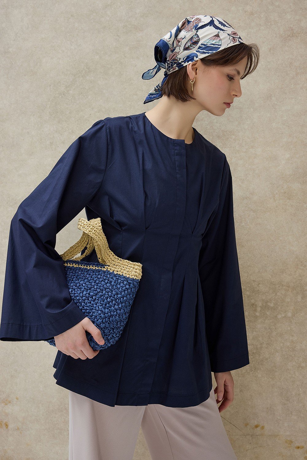 Lacivert Mirel Geniş Kol Pileli Gömlek 