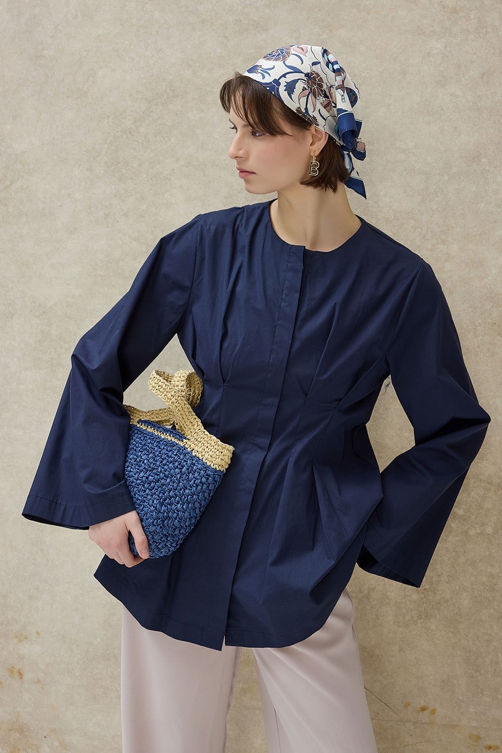 Lacivert Mirel Geniş Kol Pileli Gömlek 