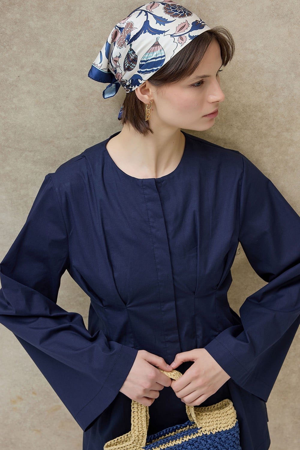 Lacivert Mirel Geniş Kol Pileli Gömlek 