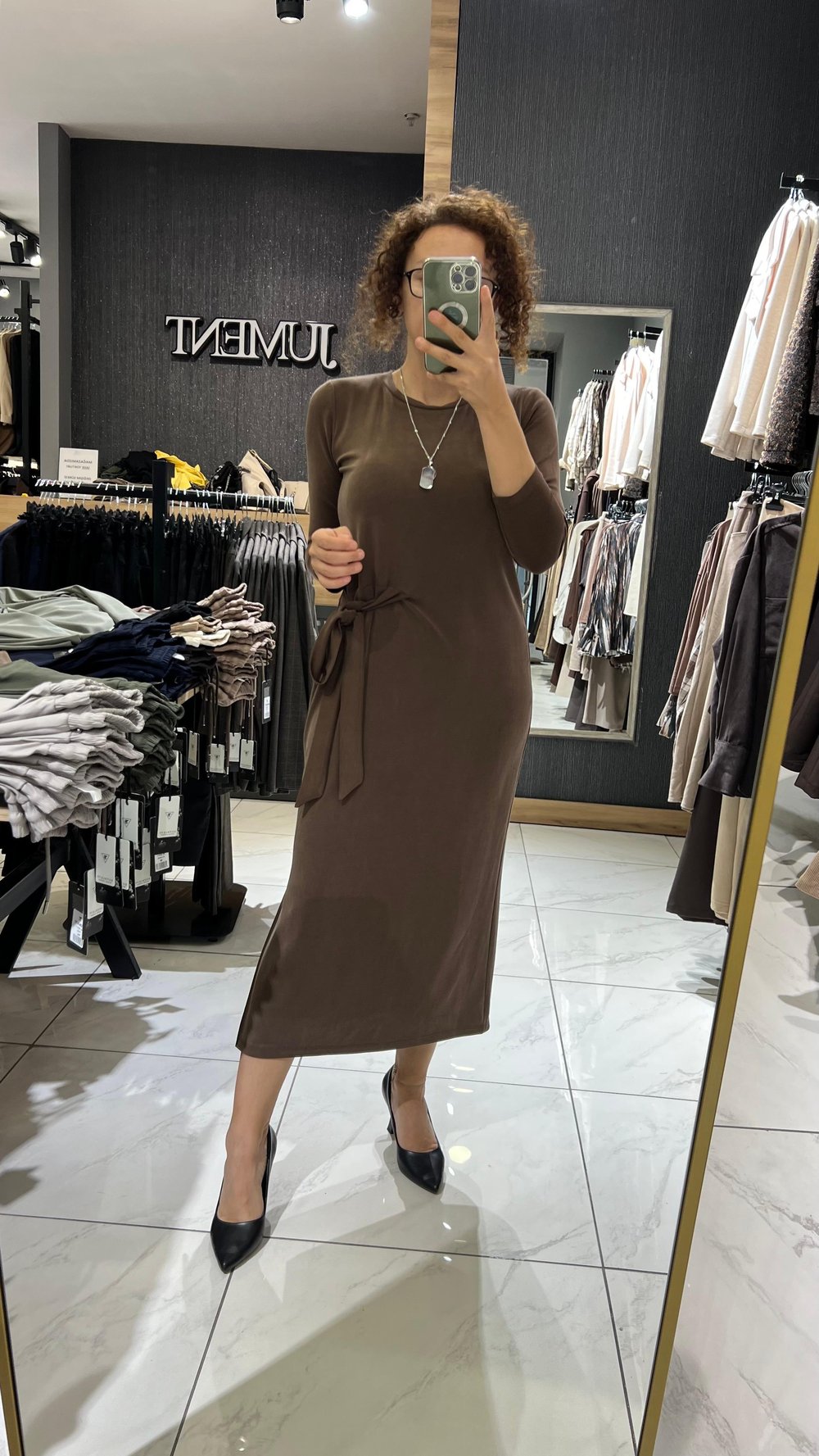 MODAL KUMAŞ MİDİ BOY ELBİSE KAHVE