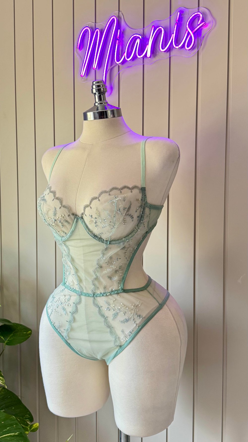Mint Yeşili Tül Desenli Bodysuit