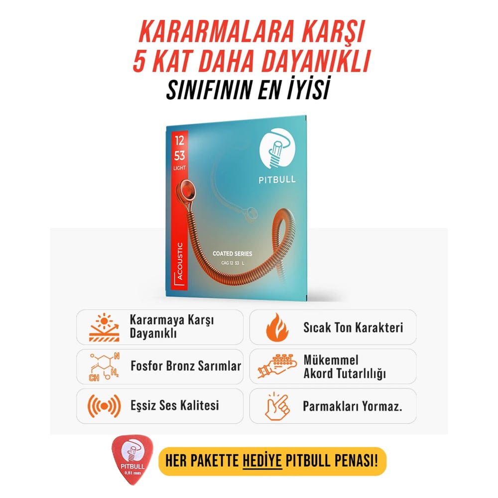 Pitbull Strings Coated Seri Akustik Gitar Teli 12-53 Light