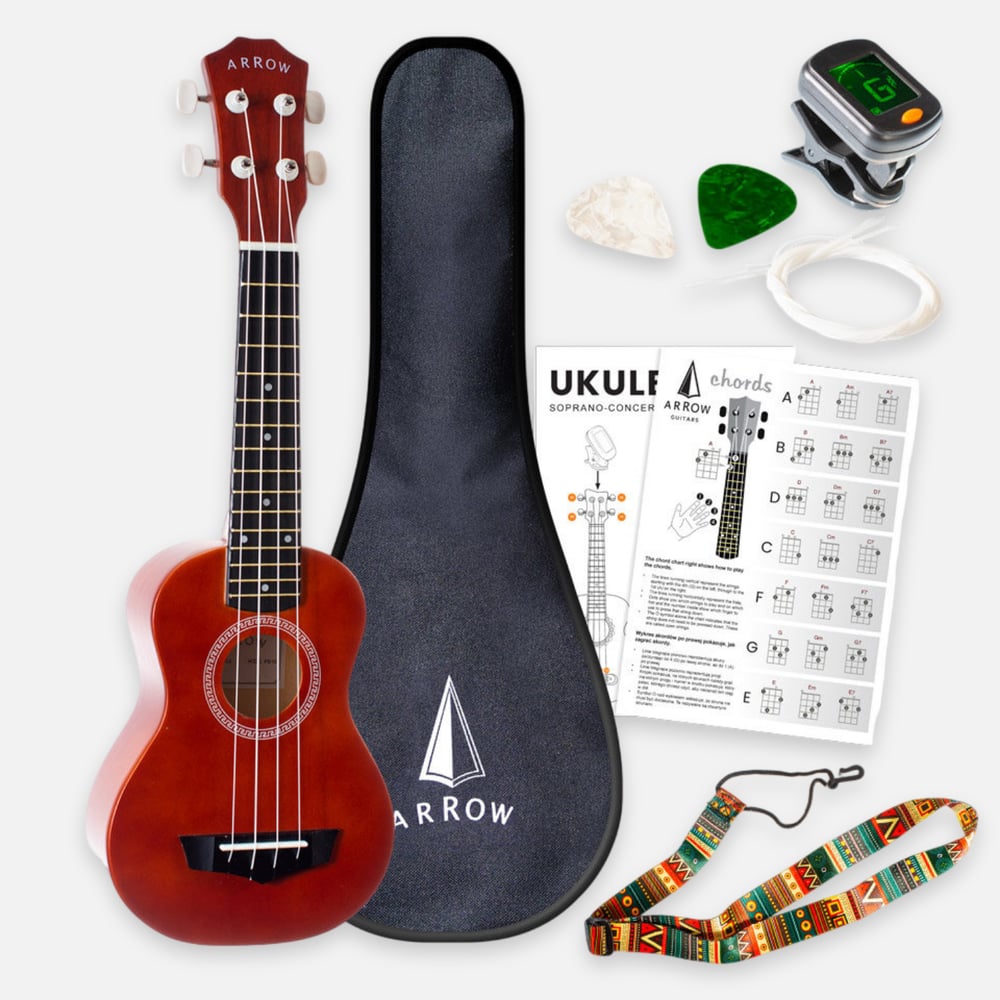 Arrow PB10 NT Soprano Natural Dark Top Ukulele *SET*