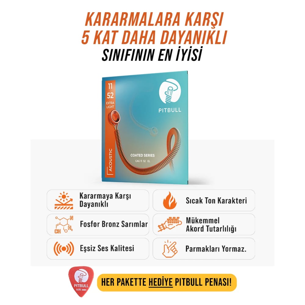Pitbull Strings Coated Seri Akustik Gitar Teli 11-52 Extra Light