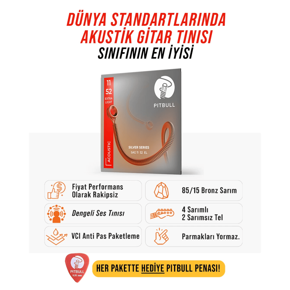 Pitbull Strings Silver Seri Akustik Gitar Teli 11-52 Extra Light
