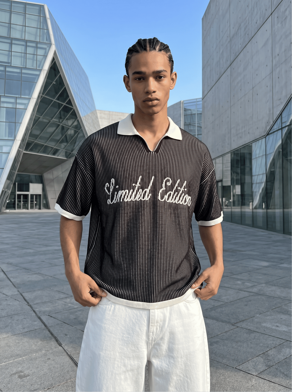 Oversize Polo Yaka Çizgili T-Shirt