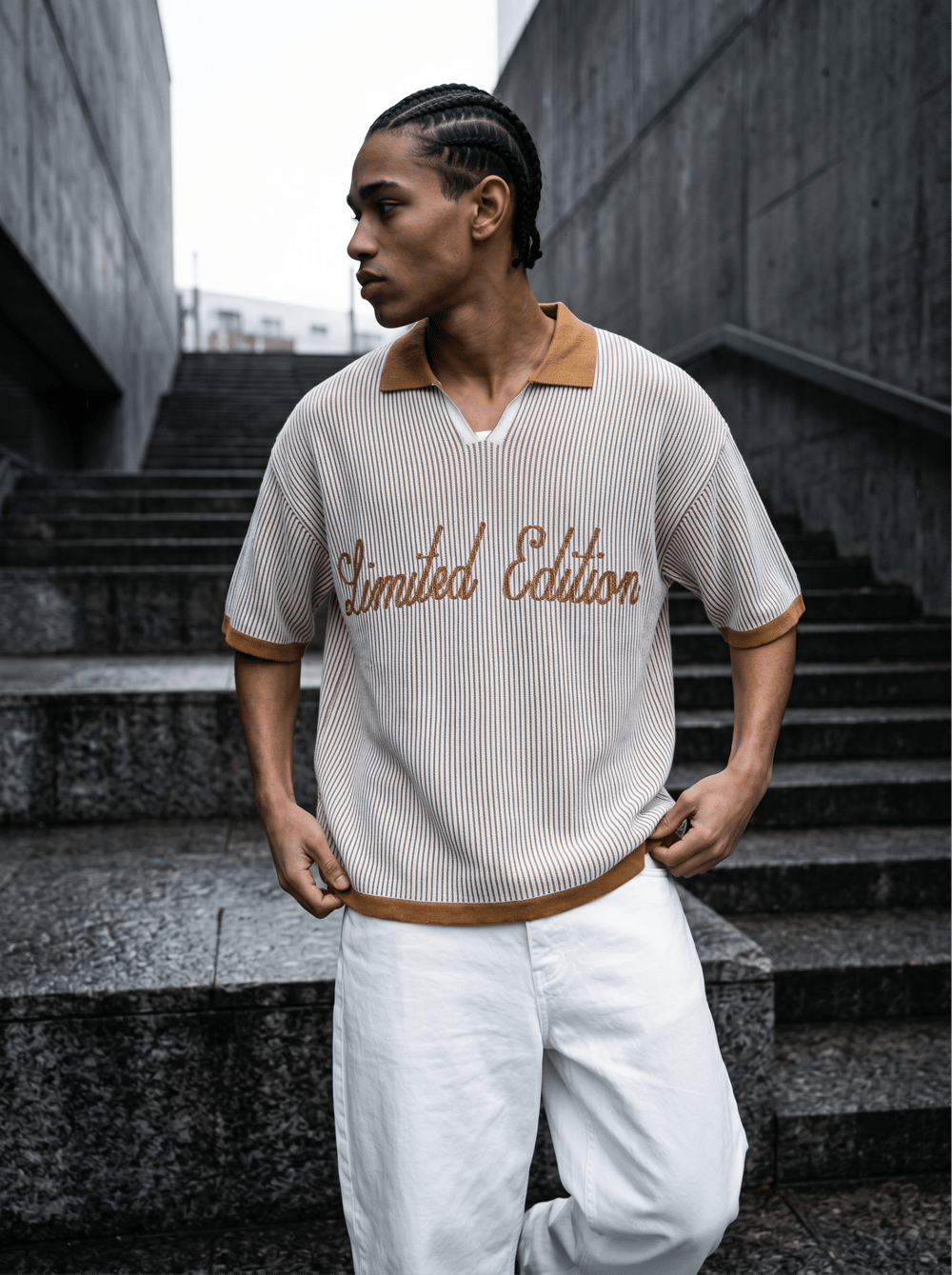 Oversize Polo Yaka Çizgili T-Shirt