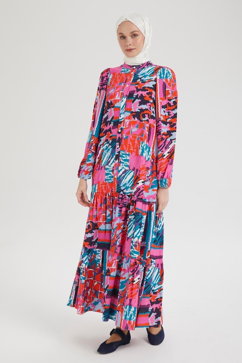 Desenli Renkli Elbise Pembe 24YT952