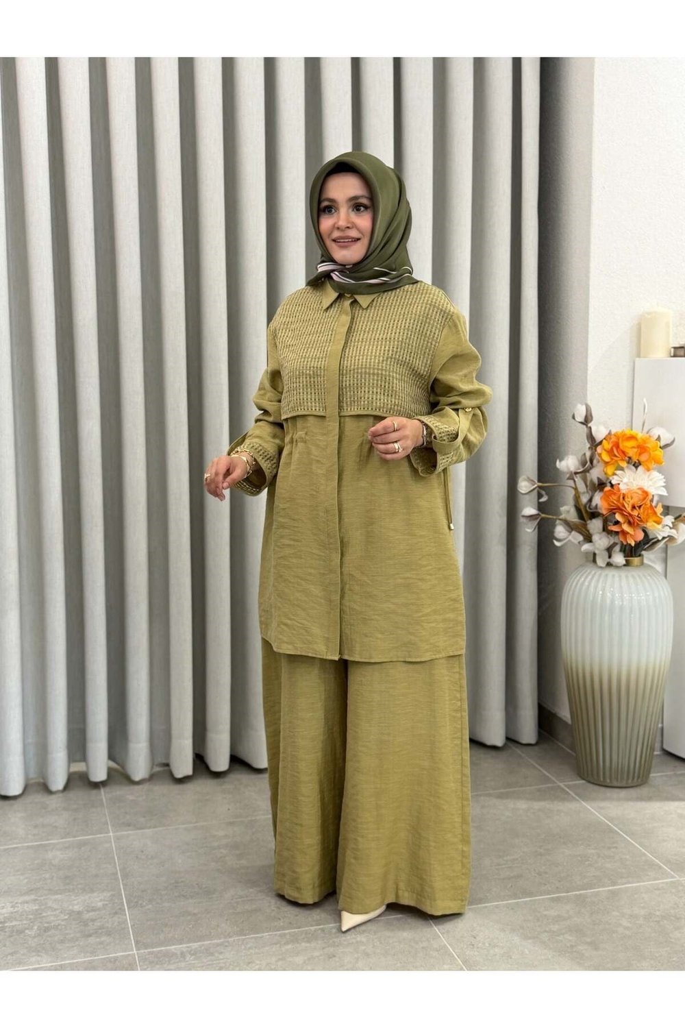TREND FİLE DETAYLI TENCEL PANTALONLU TAKIM YAĞ YEŞİLİ