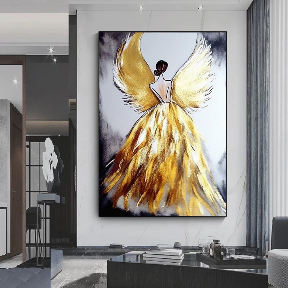 Soyut Sanat Baskısı; Altın Boyama; Modern Lüks; Melek Kanatlı Kadın Sanatı Posteri