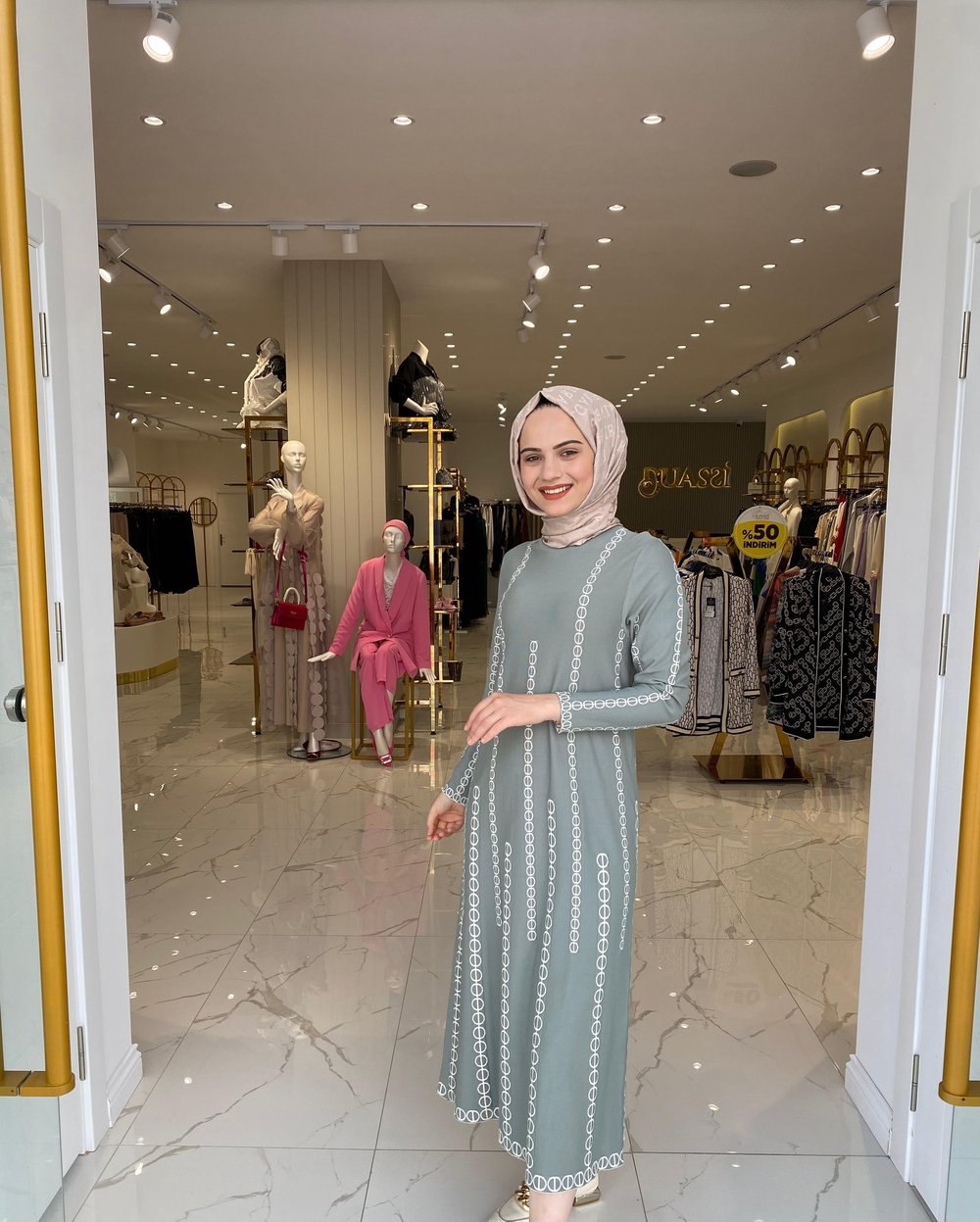 İnvee Zincir Desen Elbise 6842 - YEŞİL