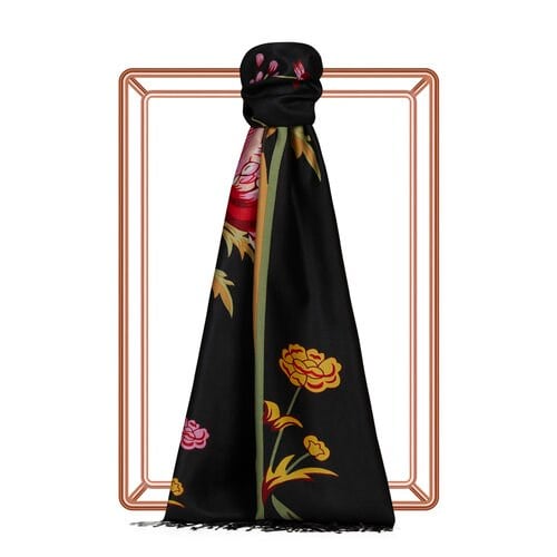 İpekevi Siyah Amaryllis Desenli İpek Şal 8023 - SİYAH