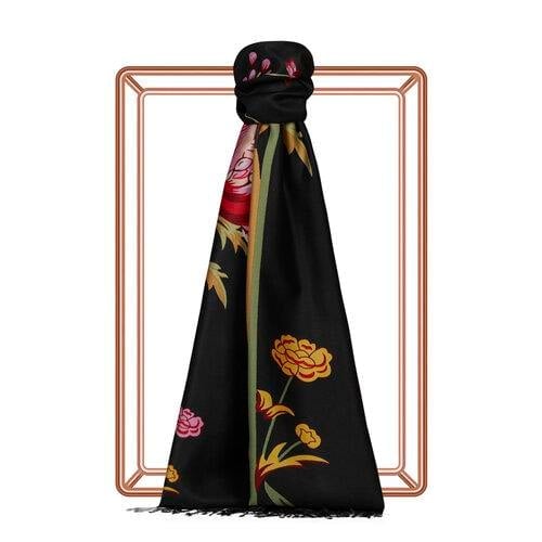İpekevi Siyah Amaryllis Desenli İpek Şal 8023 - SİYAH