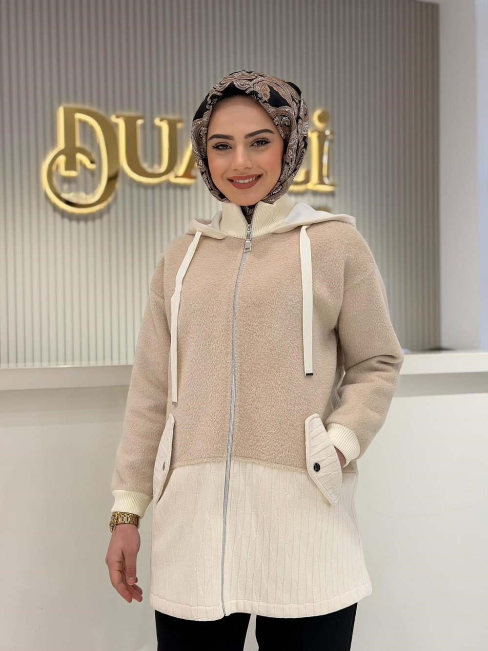 Kbn.6013.01 Kürk Desenli Kadife Doku Kombinli Kaban