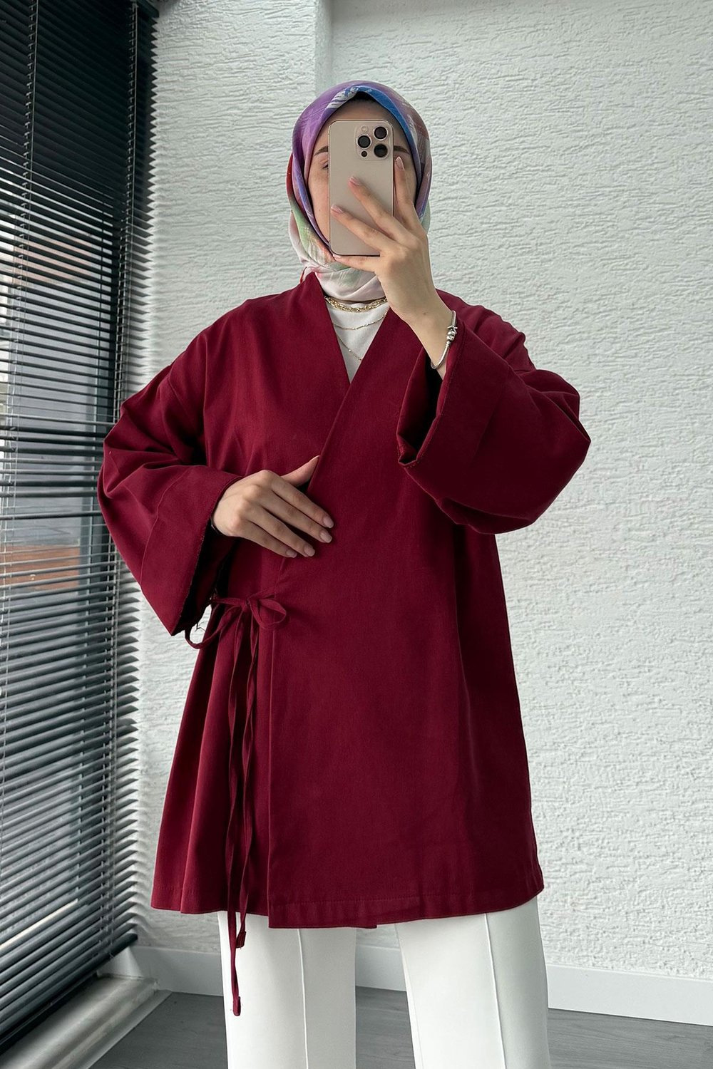 Anvelop Bağlamalı Tesettür Kimono – Bordo